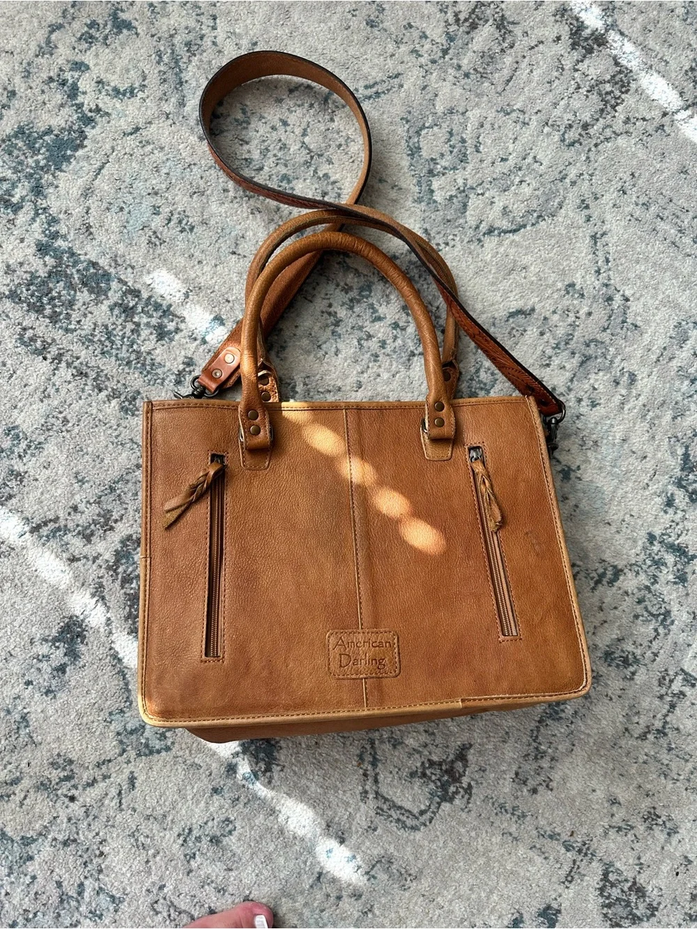 Vintage Tooled Leather Tote with Turquoise Southwestern Panel